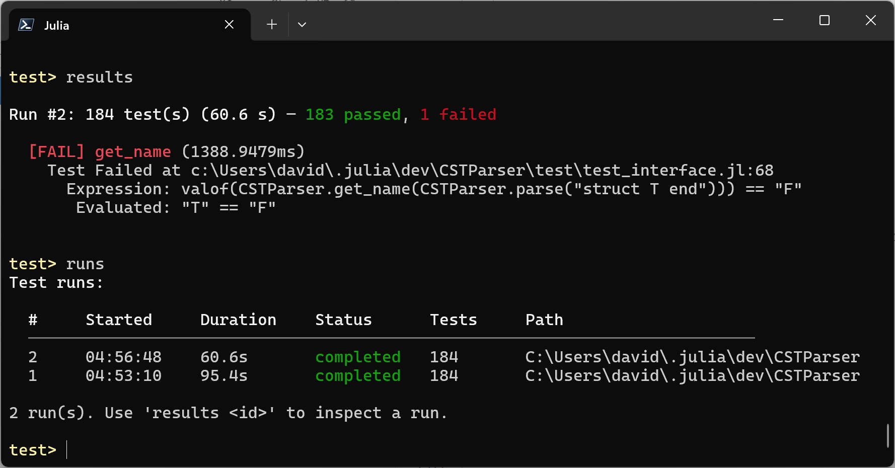 Julia REPL running test items interactively with live progress and results