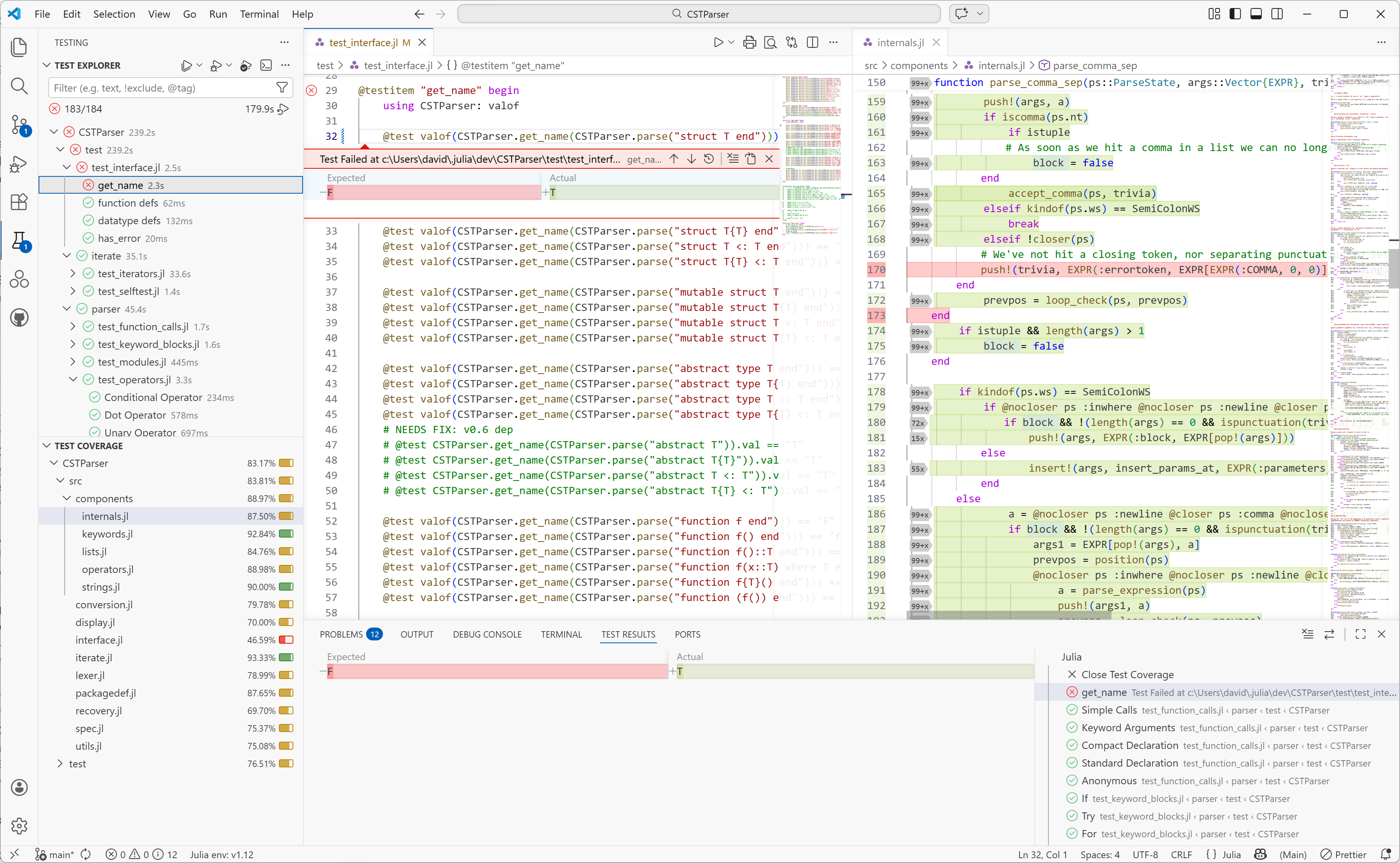 VS Code with test items, inline results, and code coverage