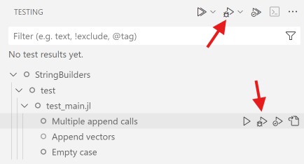 Debug from testing view
